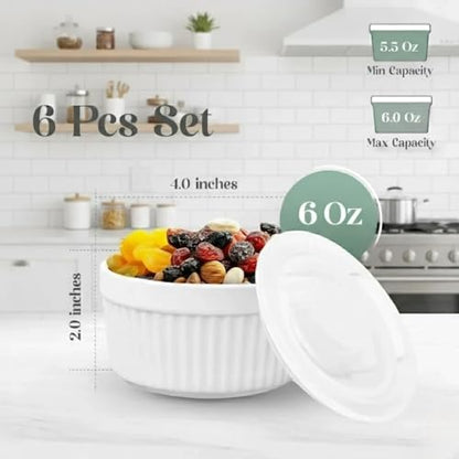 Ceramic Ramekins 6 Oz White Set of 6 | Oven, Microwave & Dishwasher Safe Porcelain Souffle and Creme Brulee Cups for Custard, Pudding, Dips & Individual Desserts, Thick Wall Heat Resistant Construction