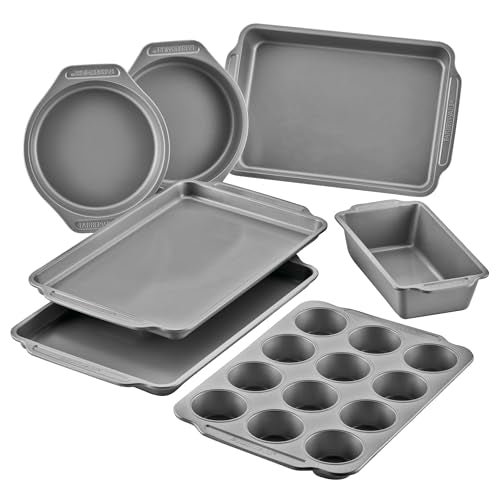 Farberware Bakeware Nonstick Baking Pans with Baking Sheets, Cake Pans, Meatloaf/Bread Pan, and Muffin Pan, 7 Piece Bakeware Set - Gray