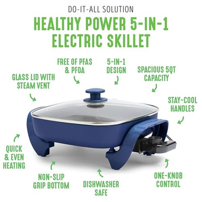 GreenLife 12" 5QT Square Electric Skillet, Glass Vented Lid, Ceramic PFAS-Free Nonstick Coated Interior, Adjustable Temperature Control, Cool Touch Handles, Quick Even Heating, Scratch Resistant, Blue