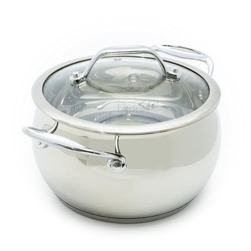 David Burke Splendor Stainless Steel 3-Quart Dutch Oven with Glass Lid, Vented Steam – Side handles, Oven Safe