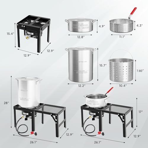 ROVSUN 30QT Turkey Fryer & 10QT Fish Fryer Kit w/ 55,000BTU Propane Stove, Aluminum Outdoor Deep Fryer & Seafood Boiler Steamer w/Baskets, Thermometer, Marinade Injector, Turkey Rack & Rack Lifter
