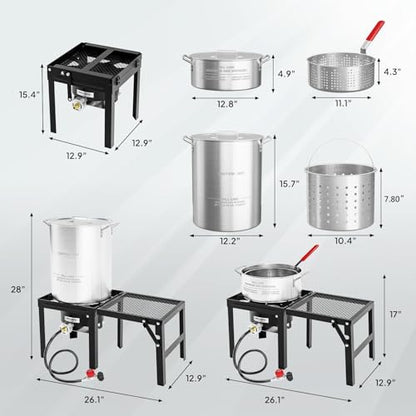 ROVSUN 30QT Turkey Fryer & 10QT Fish Fryer Kit w/ 55,000BTU Propane Stove, Aluminum Outdoor Deep Fryer & Seafood Boiler Steamer w/Baskets, Thermometer, Marinade Injector, Turkey Rack & Rack Lifter