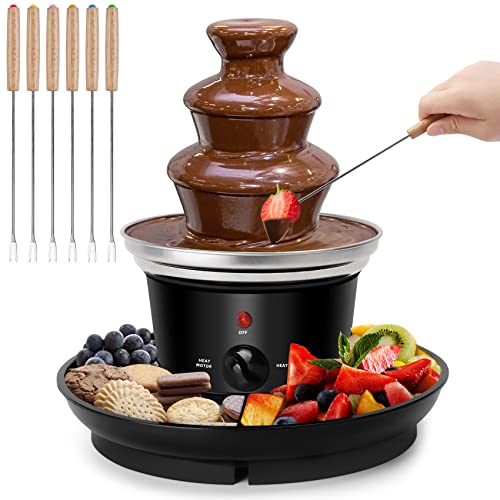 16oz Chocolate Fondue Fountain, 3-Tier MINI Chocolate Fountain with 6PCS Fondue Fork and Removal Fruits/Nuts/Treats Serving Tray for BBQ Sauce,Ranch,Nacho Cheese,Liqueurs