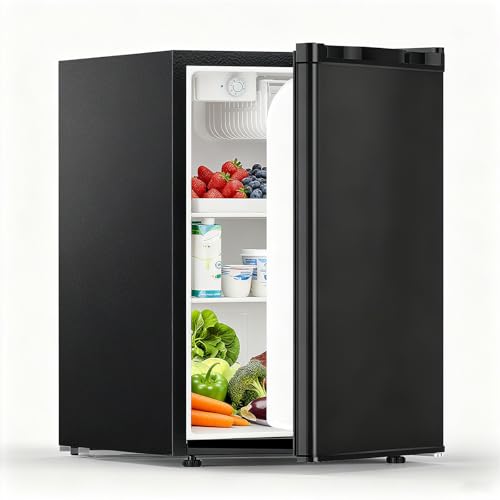 COWSAR 2.6 Cu.Ft Dorm Fridge with Freezer, Single Reversible Door Compact Refrigerator, Adjustable Thermostat, 2 Removable Shelves, Commercial Drink Fridge for Bedroom, Office, Kitchen, Dorm, Black