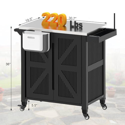 evixor Outdoor Grill Cart with Stainless Steel Tabletop, Outdoor Kitchen Island with Storage Cabinet, Grill Cart with Folding Trash Can, 4 Wheels (2 Lockable) for Patio, Backyard, Garden and Poolside