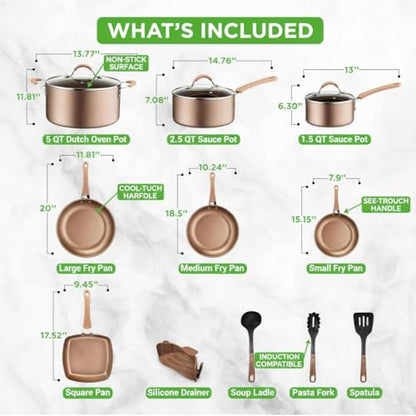 NutriChef 14-Piece Non Stick Kitchen Cookware Set w/Saucepan, Frying Pans, Cooking Pots, Dutch Oven Pot, Lids, Utensil, Gold