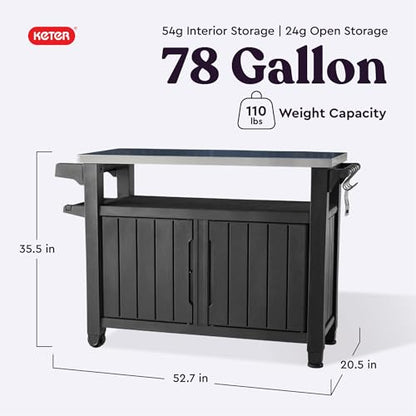 Keter Unity XL Portable Outdoor Table with Stainless Steel Top for Kitchen Prep and Outdoor Storage Cabinet for Grilling Accessories, Dark Grey
