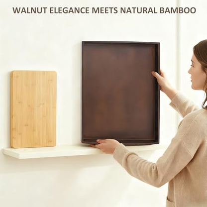 Bamboo Serving Tray with Handles, Set of 2 Wood Serving Trays for Food & Coffee, Elegant Wooden Tray for Breakfast in Bed, Kitchen & Party & Entertaining - Black Walnut Finish