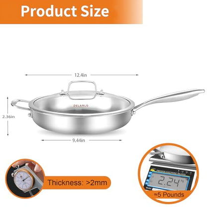 DELARLO Tri-Ply Stainless Steel Pan with Lid 12inch丨Compatible with All Cooktops Up to 600℉丨Stainless Steel Skillet 12 inch丨Heavy Duty丨Frying Pan with Lid丨18/10 Large Cooking Surface