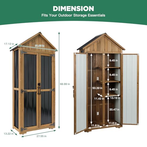 Ketive Outdoor Storage Cabinet, Wood & Metal Storage Shed with Weather-Resistant Roof, Adjustable Shelf, Lockable Doors & Adjustable Feet, for Garden, Patio, Backyard, 27.5" x 13" x 67"