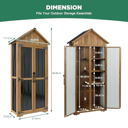 Ketive Outdoor Storage Cabinet, Wood & Metal Storage Shed with Weather-Resistant Roof, Adjustable Shelf, Lockable Doors & Adjustable Feet, for Garden, Patio, Backyard, 27.5" x 13" x 67"