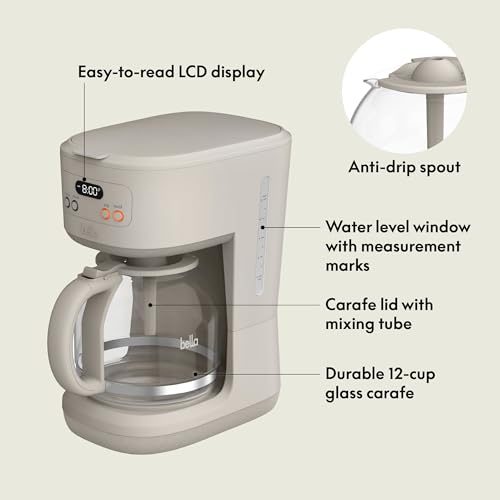 BELLA 12 Cup Programmable Coffee Maker, Reusable Dishwasher Safe Accessories, Easy LCD display, Auto Shutoff, 900 watt, Oatmilk
