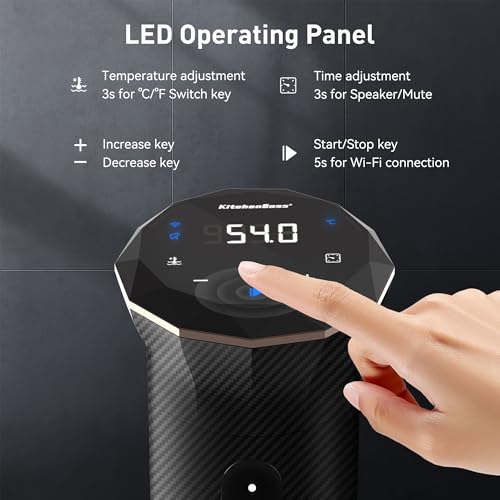 KitchenBoss Wifi Sous Vide Machine: Ultra-quiet Sous Vide Cooker Immersion Circulator APP Control, IPX7 Waterproof Stainless Steel 1100W Professional Sous Vide Precision Cooker, Black (G300PT)