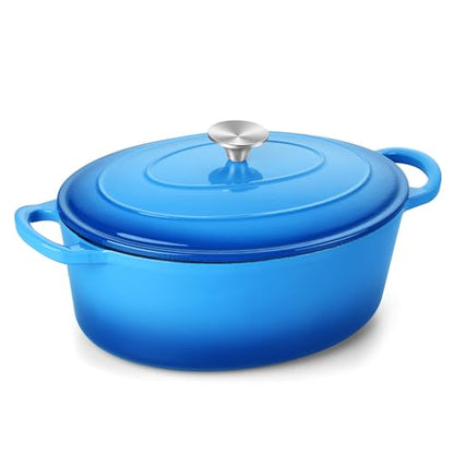 TeamFar 7QT Oval Dutch Oven, Enameled Cast Iron Dutch Oven Pot with Lid, For Bread Baking/Stewing/Braising/Frying, Suitable for Various Stoves, Non-stick & Easy Clean, Blue