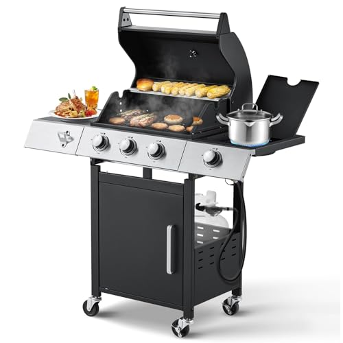 MELLCOM Upgraded 36,000 BTU Stainless Steel Burner Barbecue Grill, 3 Burner BBQ Propane Gas Grill with Cast Iron Grates & Side Stove for Patio, Camping, Outdoor Cooking