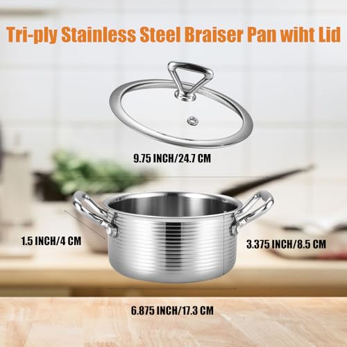 Inqibee 1.5 Quarts Tri-ply Stainless Steel Pot with Lid,Braiser Pan,Small Induction Cooking Pot,Heavy Duty,Dishwasher and Oven Safe
