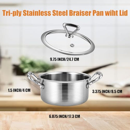 Inqibee 1.5 Quarts Tri-ply Stainless Steel Pot with Lid,Braiser Pan,Small Induction Cooking Pot,Heavy Duty,Dishwasher and Oven Safe