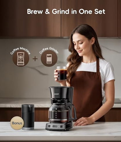 ecozy 12-Cup Drip Coffee Maker with Electric Coffee Grinder Combos, Programmable Coffee Machine with Washable Basket Filter, Auto Shutoff Function, No Drip Pause & Pour, Brezzano DuoSet