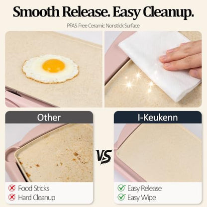 I-Keukenn 20" Pink Electric Griddle & Skillet with Ceramic Non-Stick Surface, 1400W Family-Sized Extra Large Baking Pan, Adjustable Temperature & Slide-Out Drip Tray