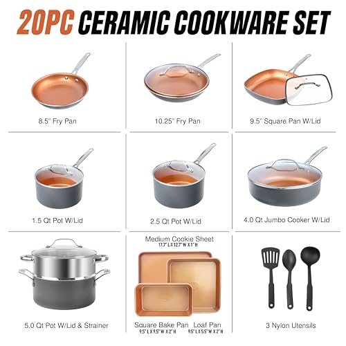 GOTHAM STEEL 20 Pc Ceramic Cookware Set, Copper Pots and Pans Set Non Stick with Bakeware, Cooking Utensils, and Steamer, Oven and Dishwasher Safe