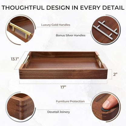 ZENPTIA Acacia Wood Serving Tray with 2 Sets of Handles (Gold & Silver) - 17" Large Wooden Tray for Ottoman Coffee Table, Decorative Tray for Living Room & Kitchen - Solid Wood Table Topper
