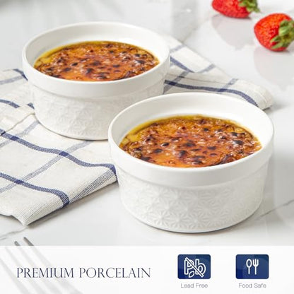 Feenmai 6 Oz Ramekins Oven Safe, Creme Brulee Ramekins Set of 8, Ceramic Souffle Dish, White Porcelain Snowflake Baking Bowls for Dessert, Pie, Tart, Souffles, Appetizers