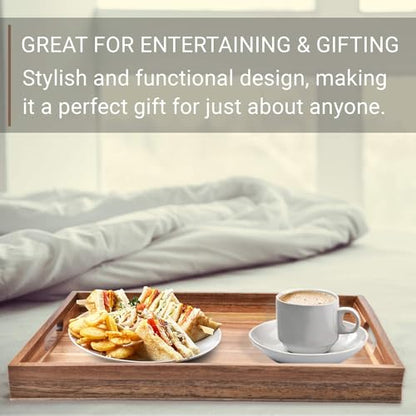 Acacia Wood Serving Tray with Handles Set of 2 – Decorative Serving Trays Platter for Breakfast in Bed, Lunch, Dinner, Patio, Ottoman, Coffee Table, BBQ, Party –Great for Lap &Couch