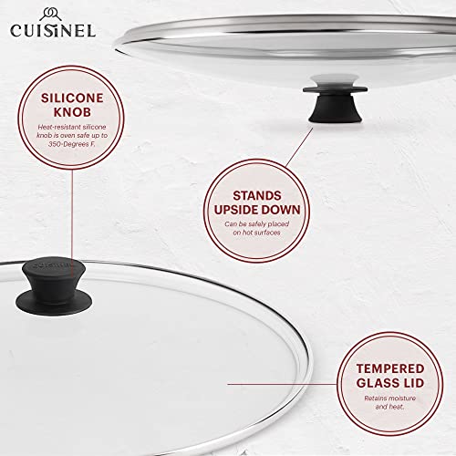 Cuisinel Cast Iron Skillet + Glass Lid + Red Chainmail Scrubber - 15"-Inch Dual Handle Braiser Frying Pan + Silicone Handle Covers - Pre-Seasoned Oven Cookware - Indoor/Outdoor. PFAS and PFOA-free