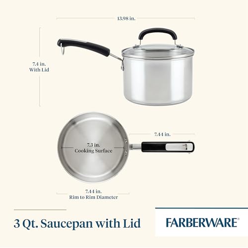Farberware Brilliance Stainless Steel Saucepan/Saucepot with Glass Lid, 3 Quart, Dishwasher Safe and Induction Ready, Compatible with All Cooktops, Stainless Steel Kitchenware
