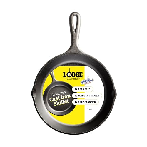 Lodge Seasoned Cast Iron Skillet 9 Inches - PFAS-Free, Non-Toxic Cookware - Use with an Oven, Stove, Grill, or Campfire - Naturally Non-Stick & Oven Safe