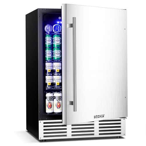 EUHOMY 24 Inch Beverage Refrigerator, Undercounter Beverage Fridge 180 Can with Stainless Steel Door for Home Patio, Beverage Cooler Built-in or Freestanding, outdoor refrigerator for Soda Beer Wine
