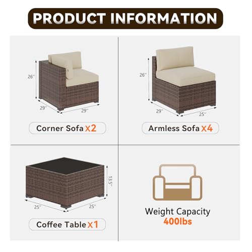 Aoxun Patio Furniture Sets, 7-Piece Outdoor Patio Furniture with Thick Cushions, Wicker Outdoor Conversation Set Sectional Sofa for Backyard, Poolside, Garden(Cream-Browm, 7 x 25.6 - Seats)