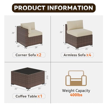 Aoxun Patio Furniture Sets, 7-Piece Outdoor Patio Furniture with Thick Cushions, Wicker Outdoor Conversation Set Sectional Sofa for Backyard, Poolside, Garden(Cream-Browm, 7 x 25.6 - Seats)