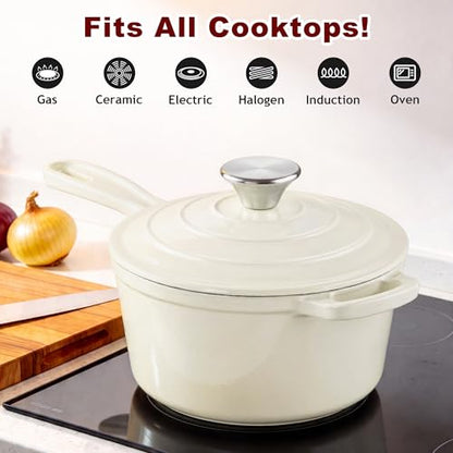 1Qt Enameled Cast Iron Sauce Pan, Leonyo Dutch Oven Pot with Lid, Non Stick Cooking Simmer Pots Induction Kitchen Cookware for All Cooktops Baking Bread, Soup, Ramen - Up to 500°F, Cream White
