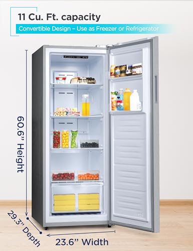 BLACK+DECKER 11 Cu. Ft. Convertible Freezer Refrigerator, Upright Freezer with Glass Shelves, Reversible Door, ENERGY STAR rated, Frost Free, BUC1100XS, Stainless Look