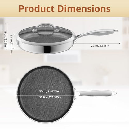 LOLYKITCH 12 Inch Nonstick Frying Pan with Lid, Stainless Steel Hybrid Skillet for Indution, Detachable Handle, Dishwasher and Oven Safe, PFOA Free Pans for Everyday Cooking