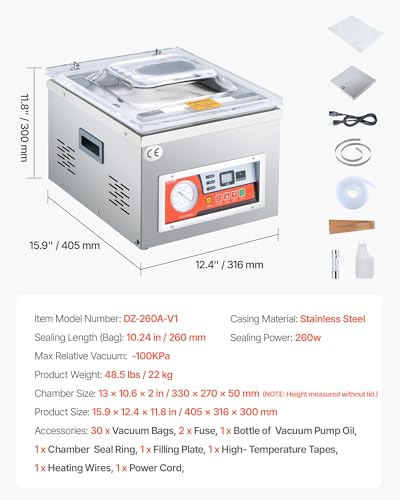 VEVOR Chamber Vacuum Sealer, 260W Sealing Power, Vacuum Packing Machine for Wet Foods, Meats, Marinades and More, Compact Size with 10.2 in Sealing Length, Applied in Home Kitchen and Commercial Use