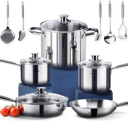HOMICHEF 14-Piece Nickel Free Stainless Steel Cookware Set - Nickel Free Pots and Pans Set - Non-Toxic, Healthy Induction Cookware
