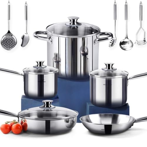 HOMICHEF 14-Piece Nickel Free Stainless Steel Cookware Set - Nickel Free Pots and Pans Set - Non-Toxic, Healthy Induction Cookware