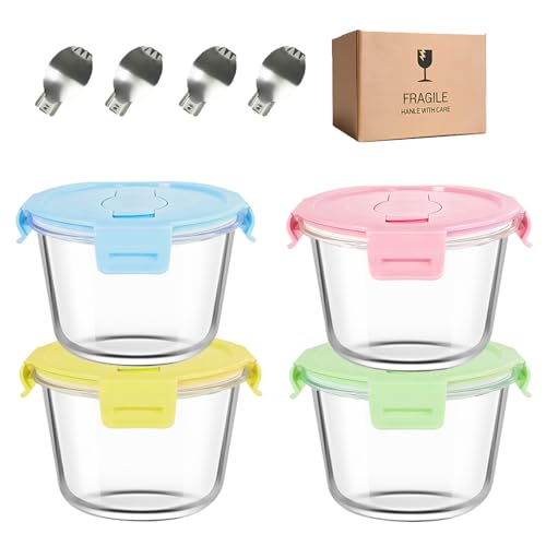 S.ROKE TTAN 2 Cup Round Glass Soup Container with Lids and Spoons, 16oz Round Food Containers set, BPA-Free Small Borosilicate Glass Meal Prep Bowls for Leftover, Office. Oven, Freezer Safe (4 Pack)