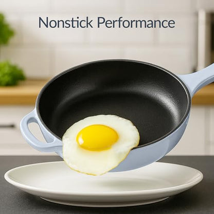 Best Choice Products Non-Stick Pot & Pan Cookware Set, Cast Iron, 2Qt Skillet W/Lid, 10" Grill Or Griddle Pan W/Press, 6Qt Enameled Dutch Oven, Non-toxic, For Cooking & Grilling - Cornflower