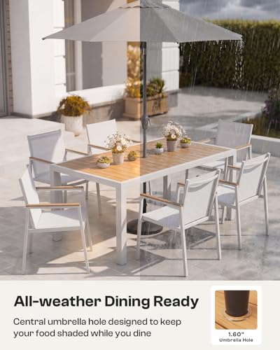 Oasbira Outdoor Dining Set for 4, Aluminum Patio Table and Chairs Set, 5-Piece All Weather Patio Dining Furniture Set with Umbrella Hole for Backyard, Deck, Poolside (White-Teak)