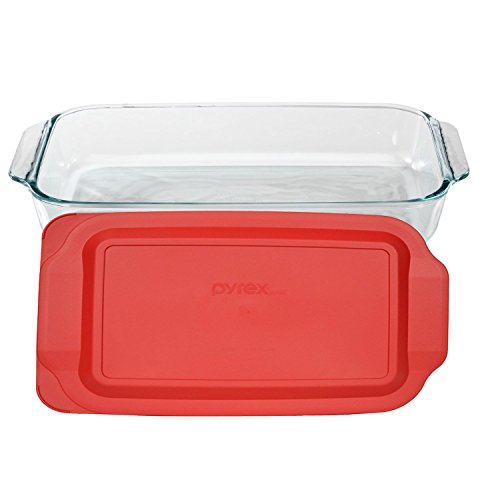 Pyrex (1) 233 3-Qt Rectangular Glass Baking Dish & (1) 233-PC Red Food Storage Lid – Clear Glass Bakeware – Perfect for Leftovers, Food Preparation and So much More - Made in the USA