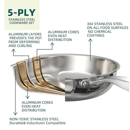 Umite Chef Stainless Steel Cookware Set, 5 Ply 14 Piece Stainless Steel Pot and Pan Set-Induction, Heavy Chef Quality, Oven Safe | Professional Kitchen Cooking Appliances, PFOA, PTFE & PFOS Free
