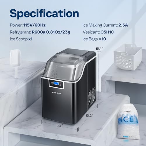 VIVOHOME Nugget Ice Maker Countertop, Portable Pebble Ice Maker Machine with 44lbs/Day, Soft Chewable Pellet Ice Machine with Self-Cleaning, Scoop, 10 Ice Bags, for Home Kitchen, Party, RV, Camping