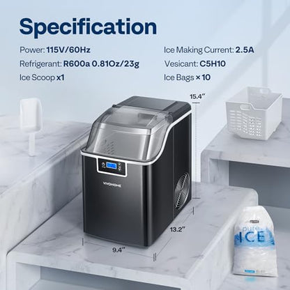 VIVOHOME Nugget Ice Maker Countertop, Portable Pebble Ice Maker Machine with 44lbs/Day, Soft Chewable Pellet Ice Machine with Self-Cleaning, Scoop, 10 Ice Bags, for Home Kitchen, Party, RV, Camping