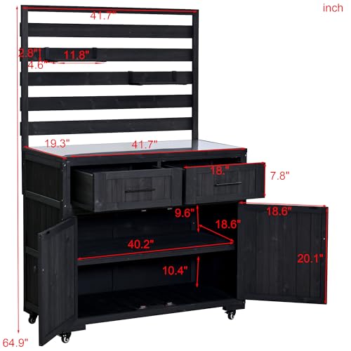 Oevsld 64.9" Farmhouse Wood Outdoor Cabinet with Stainless Steel Tabletop, Large Kitchen Island on Wheels with Hutch, Prep Station for Big Green Egg, BBQ Grill Table & Garden Work Bench