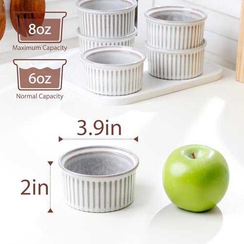 NUTRIUPS 6oz Ceramic Ramekins Set of 6, Vintage Souffle Dishes - Oven Safe Small Baking Bowls for Pudding, Creme Brulee & Custard (Vintage Gray, 6 OZ)