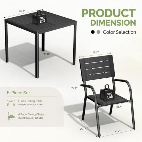 VINGLI Outdoor Patio Dining Set,5 Piece Square Table Patio Furniture Set,HDPE All-Weather Material Outdoor Dining Table and Chair for Garden, Backyard, Poolside,Black