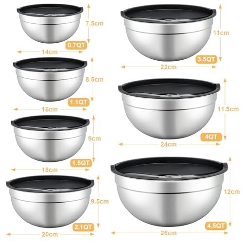 Hunnycook 7 Piece Mixing Bowls with Lids Set - Mixing Bowls Stainless Steel Bowls for Kitchen Baking, Size 0.7, 1.1, 1.5, 2.1, 3.5, 4, 4.5QT, Baking Bowl for Food Preparation, Mixing and Serving Foods
